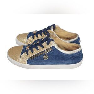 Michael Kors Malaga Denim and Glittered Gold Sneakers, Size 5